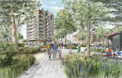 This image: an artist's sketch of how the new park at East Island could look.
						The map: the map shows three animated orange routes leading along: Sheep Street and Drapery, 
						Emporium Way and Lady's Lane, and Wellington Street. The map shows the existing buildings in 
						the area as three dimensional blocks, with the enhanced and proposed buildings within the site 
						boundary highlighted in white. There are interactive markers which show sketches of the area 
						when clicked on.